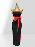 Graceful Bow Sleeveless Strapless Sheath Black Bandage Ankle Lengh Dress Woman Party Vestido Celebrity Cocktail Outfit