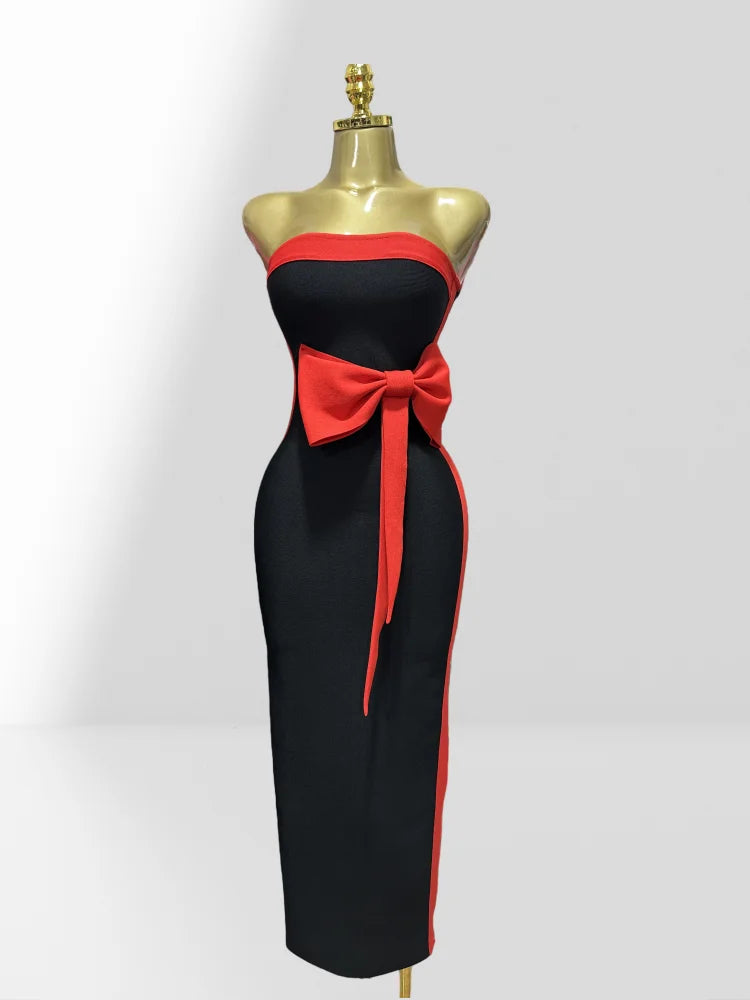 Graceful Bow Sleeveless Strapless Sheath Black Bandage Ankle Lengh Dress Woman Party Vestido Celebrity Cocktail Outfit