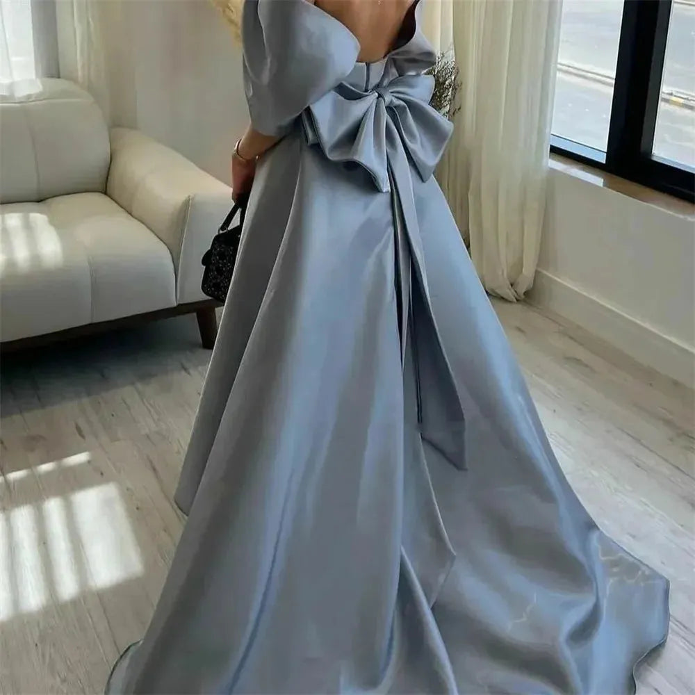 Grace Off Shoulder Prom Dress Elegant Bow On Back Evening Dress A-line فستان سهرة Gentle Baby Blue Satin Party Dresses baby blue