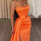 Evening Dresses Long Beaded Sequined Mermaid Spaghetti Straps Pleats High Slit Stretchy Satin Prom Gowns Formal Party