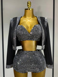 Luxury Rhinestone Jacket Bra Top And Matching Shorts Set 3 Pieces Outfits Women Sexy Sparkle Nightclub Singer Stage Outfit black