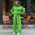 Casual Autumn Loose Knit Sweater Set Fashion Zip Lapel Long Sleeve Pullover Sweater & Straight Pants Two-piece Set