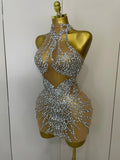 Sparkly Rhinestones Sexy Mesh See Through Dress Party Evening Prom Celebrate Birthday Dress Singer Dancer Show Stage Wear