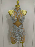Luxury Sparkle Rhinestones Mesh Transparent Prom Dress Women Sexy Birthday Celebrate Party Club Prom Outfit Bar Costume Silver