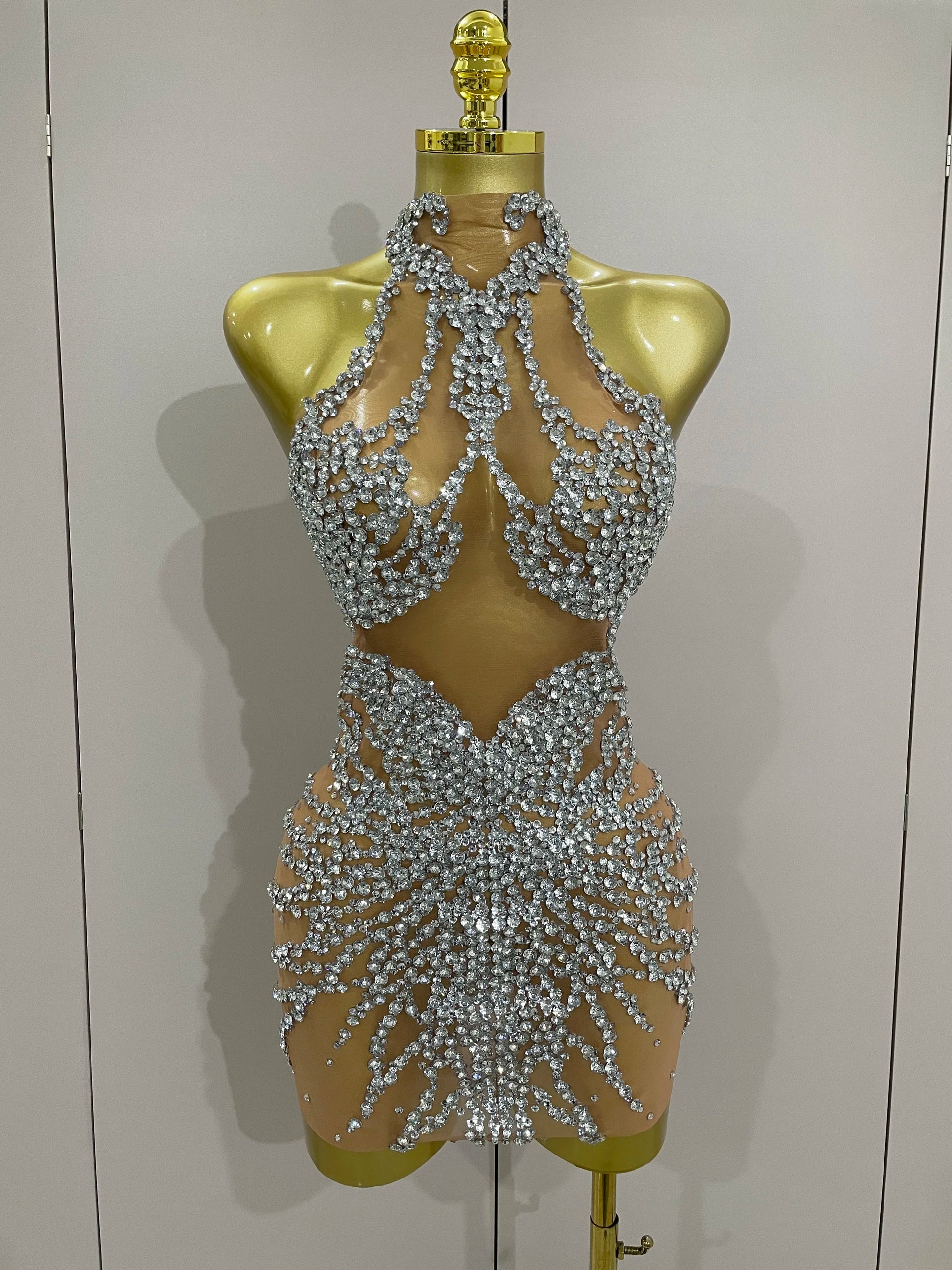 Luxury Sparkle Rhinestones Mesh Transparent Prom Dress Women Sexy Birthday Celebrate Party Club Prom Outfit Bar Costume Silver