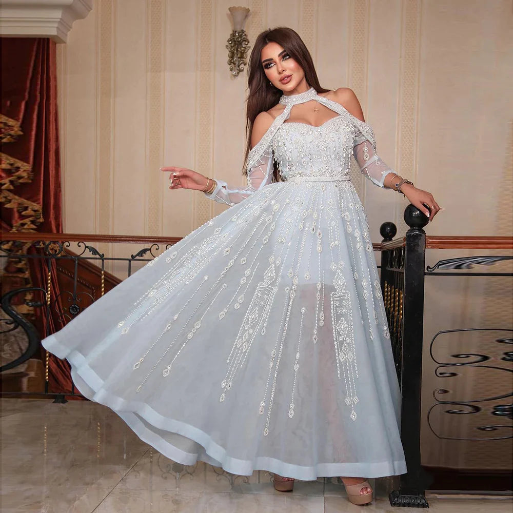 Luxus Dubai Hellblaues Abendkleid für Frauen Hochzeit elegant außerhalb schulter perlen arabisch formelle formalkleiders