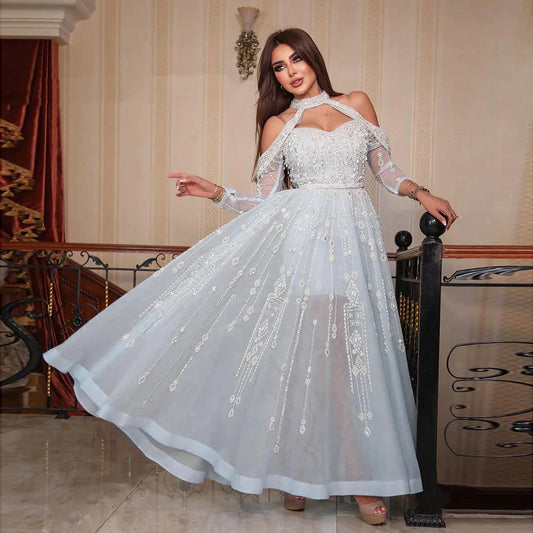 Mewah Dubai Light Blue Evening Dress for Women Wedding Elegant off Shoulder Beaded Arab Formal Party Gowns