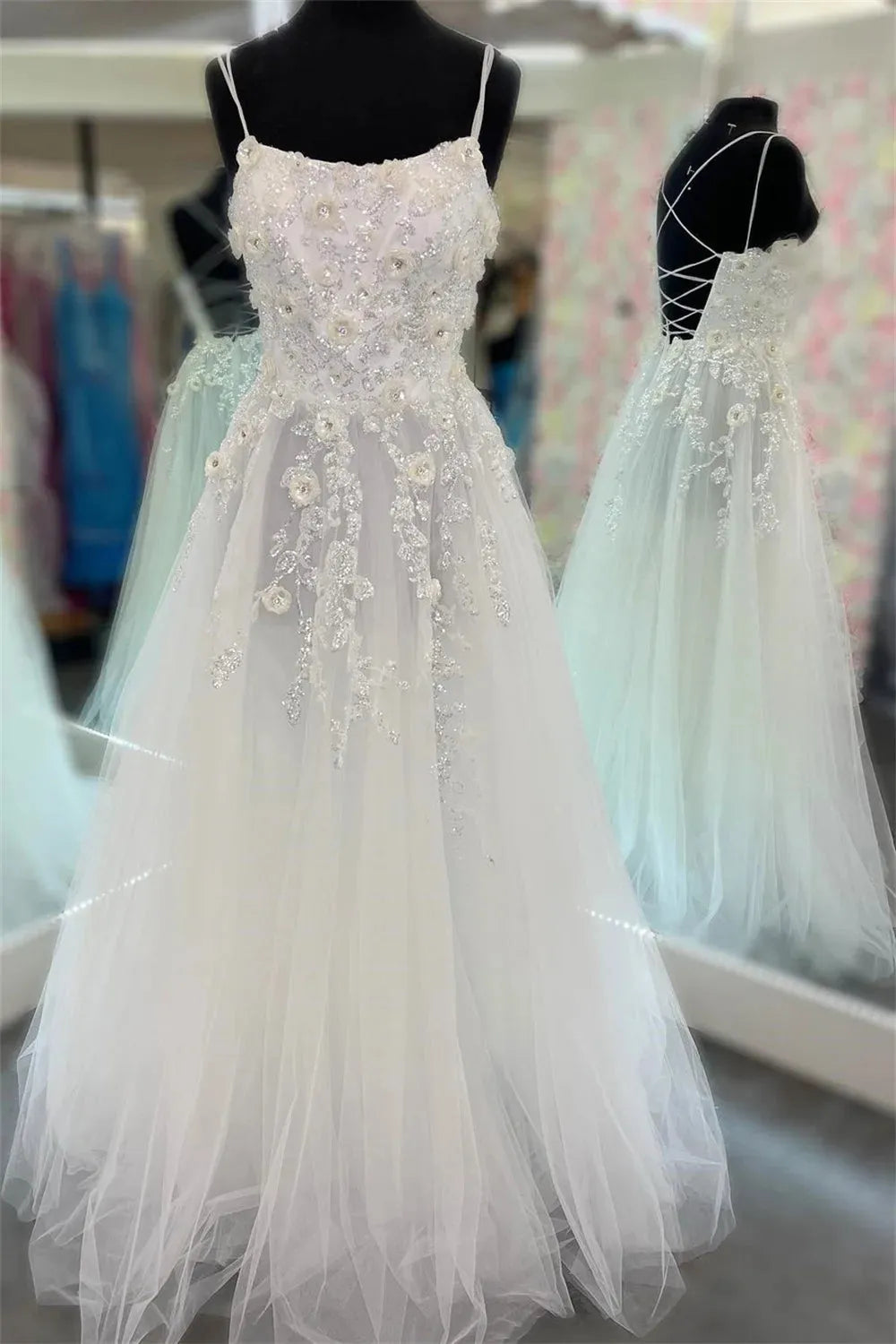 White Tulle Bead Prom Dresses Spaghetti Strap vestidos de noche Elegant Sleeveless Floor-Length A-line Formal Evening as pic