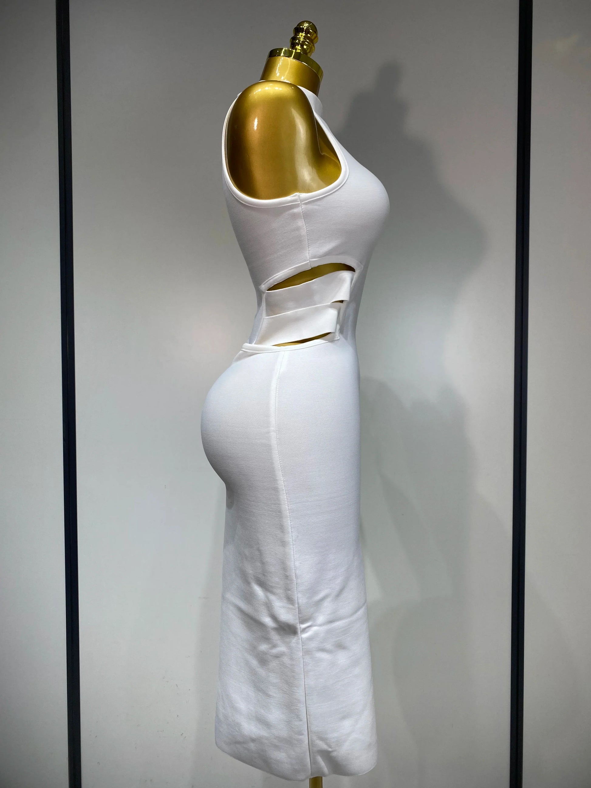 Women Sexy Turtleneck White Cut Out Midi Bodycon Bandage Dress White Elegant Evening Party Dress Luxury Birthday Dress