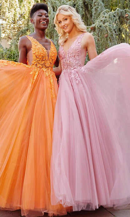 Princess V-neck 3D Flower Prom Dress Sexy A-line Tulle Vestidos De Noche Sleeveless Orange فساتين مناسبة رسمية