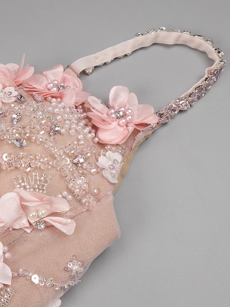 Diamond Beaded Spaghetti Strap Long Dress Pearls Sequins Structured Flowers High Split Sheer Mesh Trendy Celebrity Party Gown