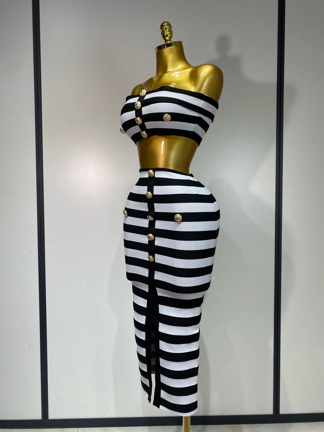 Women Sexy Off Shoulder Striped Button Two Piece Mini Bandage Set Celebrity Designer Evening Party Luxury Birthday Outfit black