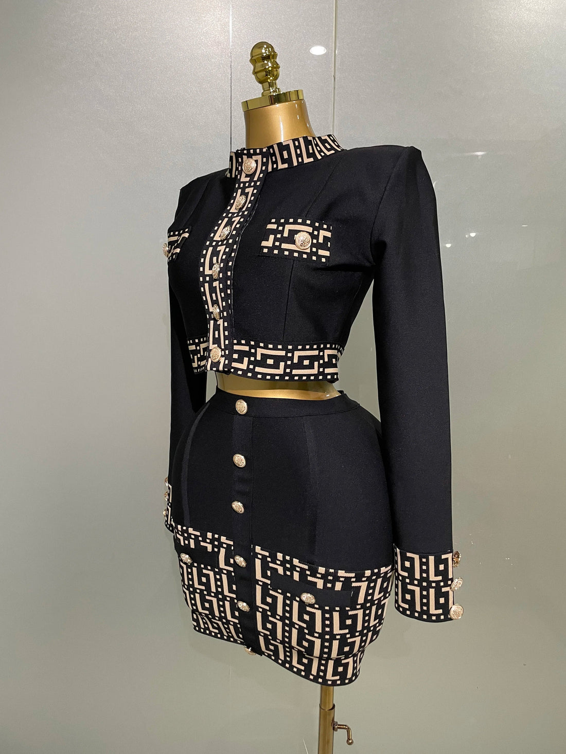 Trendy Black Long Sleeves Two Pieces Bandage Set Button Top Short Skirt Suit Evening Party Women's Outfit Nightclub Wear black