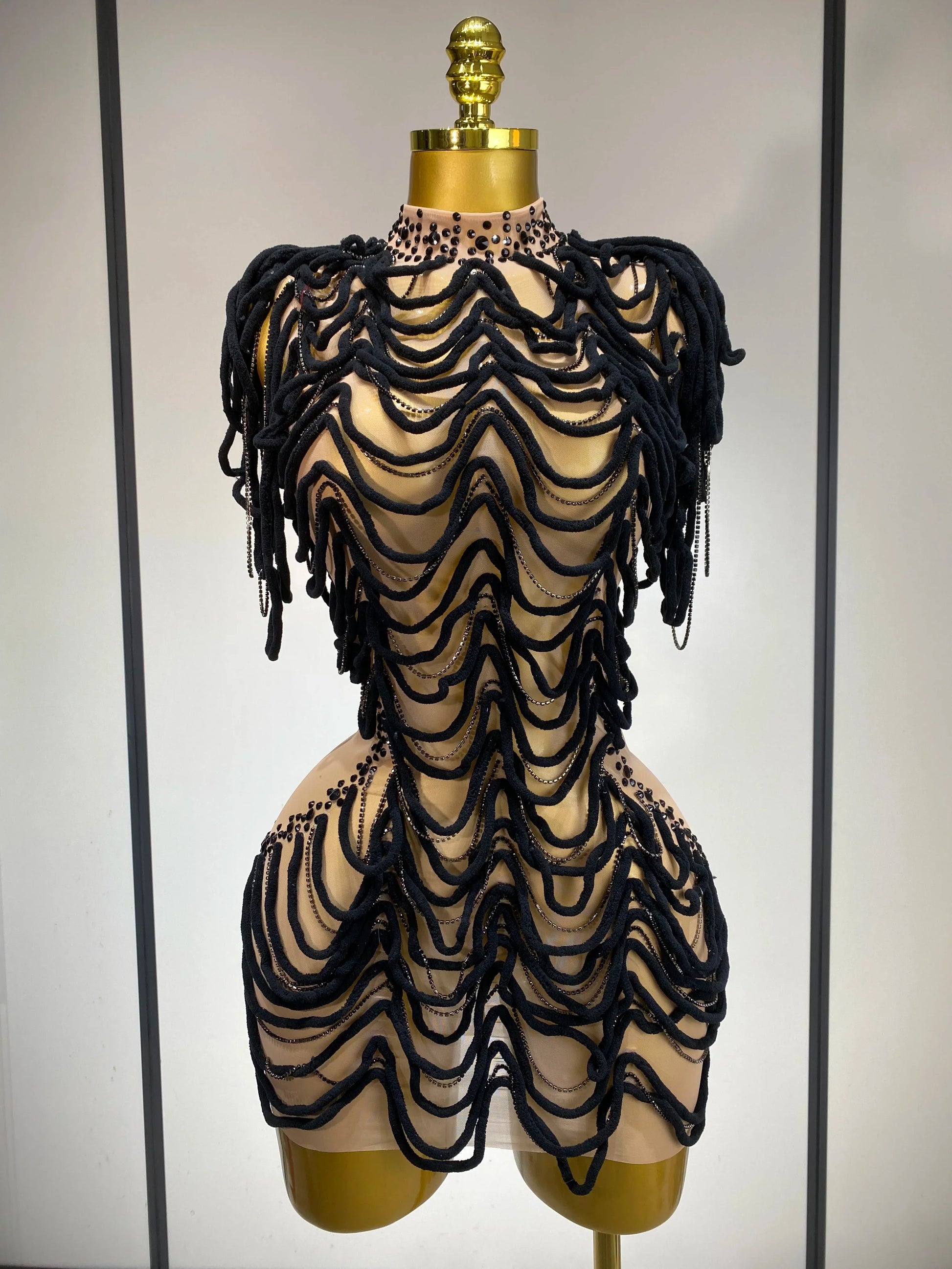 Women Sexy Fashion Short Dress Mesh Designer Rhinestones Chain Stage Costume Nightclub Celebrate Party Performance Outfit black