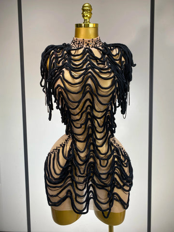 Women Sexy Fashion Short Dress Mesh Designer Rhinestones Chain Stage Costume Nightclub Celebrate Party Performance Outfit black
