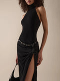 Urban Chic Black Halter Open Back & Slit Dress for Sophisticated Nights Party Evening Gown