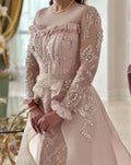 Arrival Pink Dress Long Sleeves Crystals A Line Illusion Sweep Train Formal Party Gown