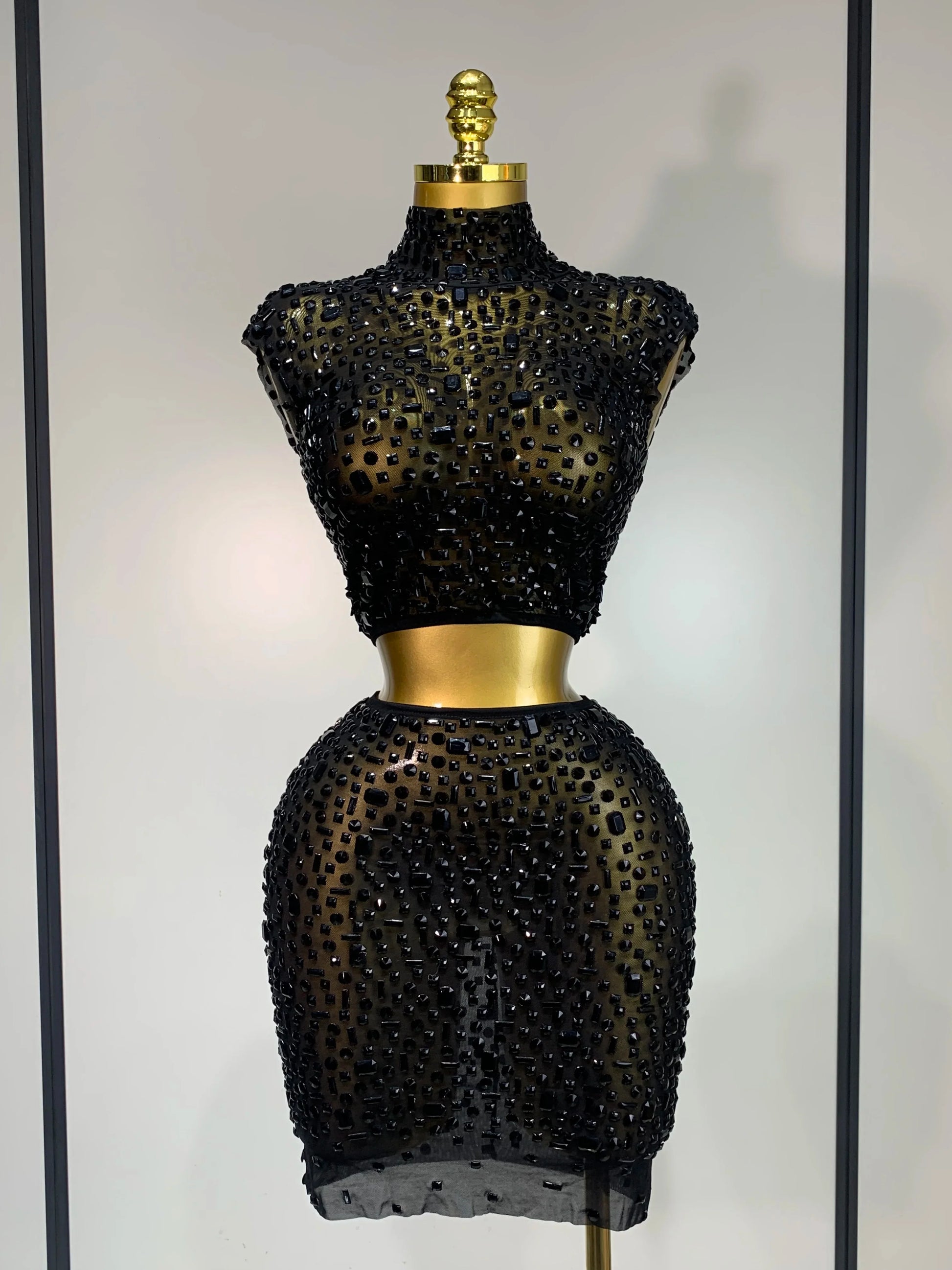 Sexy Sparkly Crystal Diamonds Mesh See Through Two Piece Set Women Elegant Evening Party Costume Singer Stage Performance Outfit black