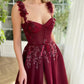 Burgundy Heart Shaped Neck Prom Dress Lace Tulle Fabric High Side Split Strao vestidos de fiesta Sleeveless فساتين السهرة