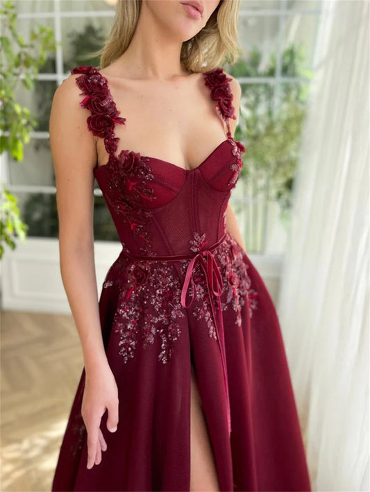 Burgundy Heart Shaped Neck Prom Dress Lace Tulle Fabric High Side Split Strao vestidos de fiesta Sleeveless فساتين السهرة