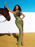 Summer New Green Feather Shining Sequins Strapless Slim High Slit Beads Tassels Party Cocktail Evening Dress