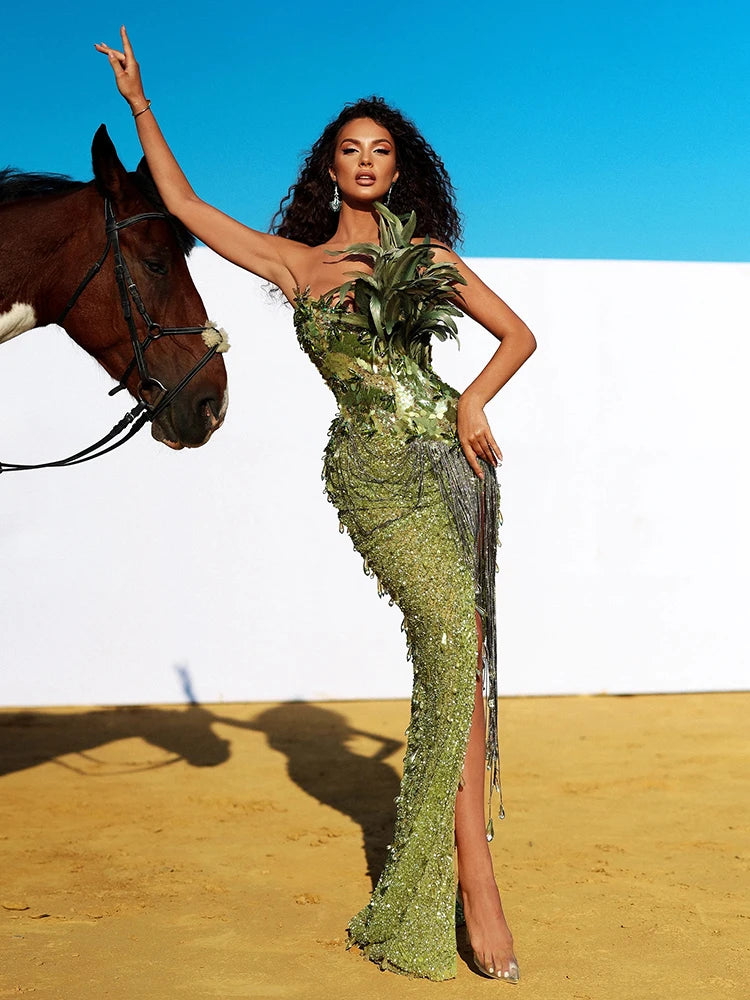 Summer New Green Feather Shining Sequins Strapless Slim High Slit Beads Tassels Party Cocktail Evening Dress