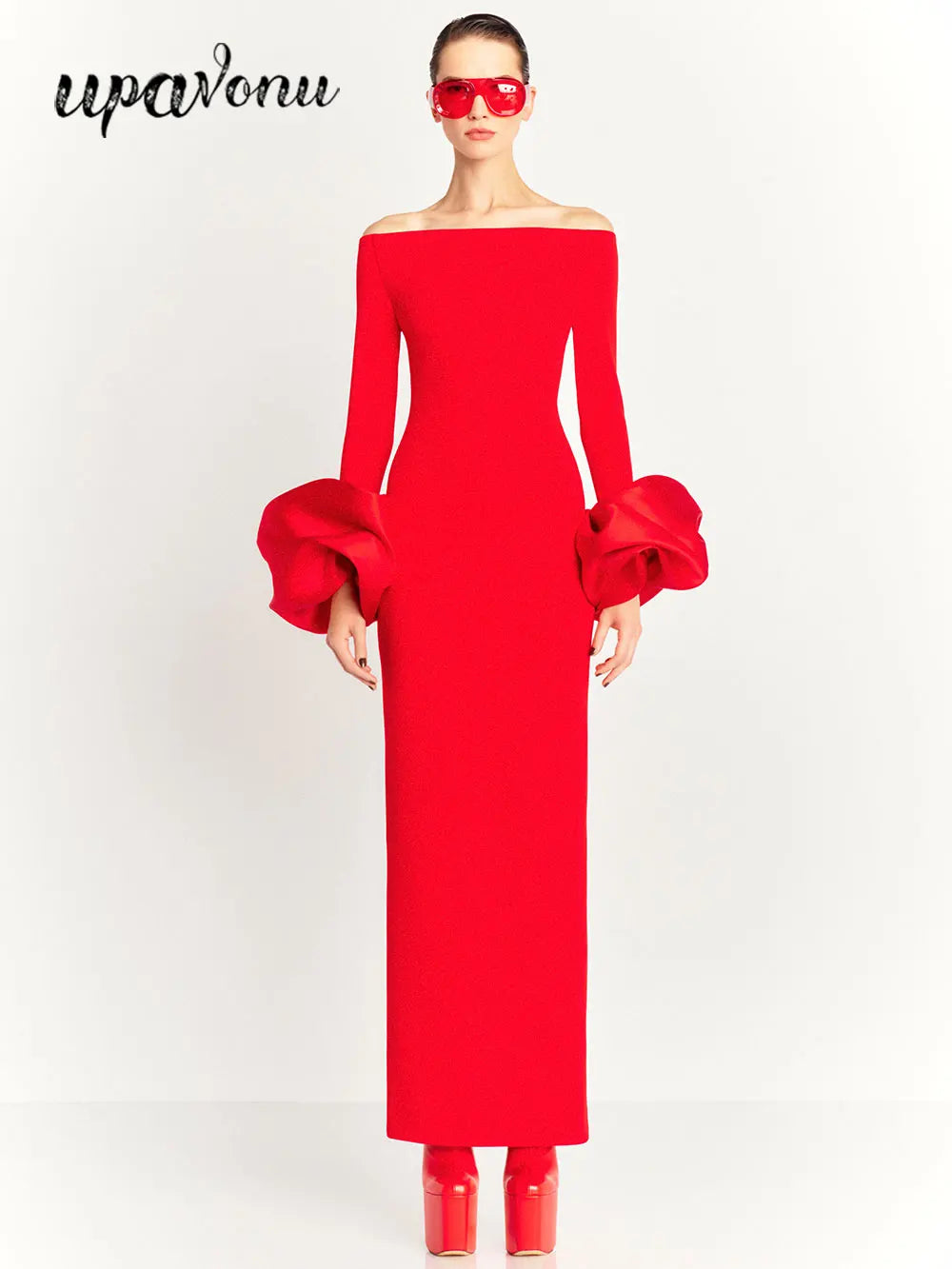 Sexy Women's Bandage Long Dress with One Collar Shoulder and Horn Sleeve Bodycon Dress Cocktail Evening Party Vestidos