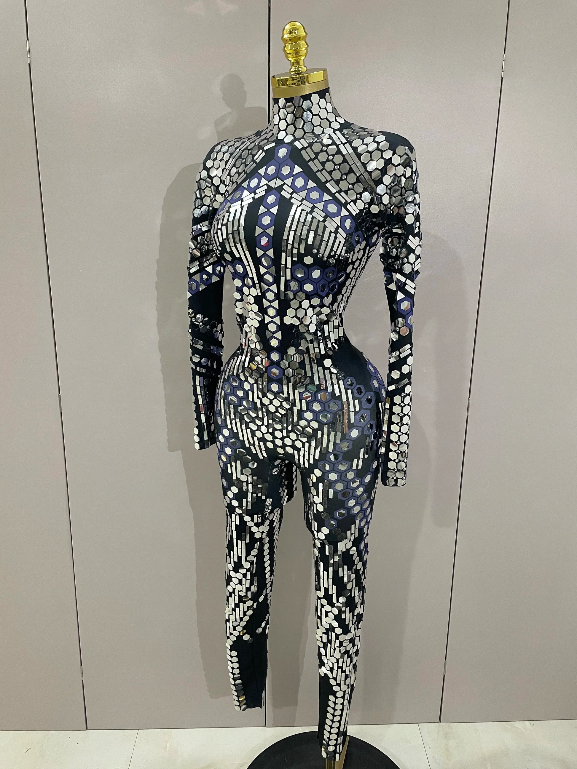 Sexy Shiny Silver Sequins Mirror Black Spandex Jumpsuit Women Prom Dancer Singer Costume Evening Birthday Show Stage Outfit