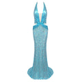 Blue Long Mermaid Party Dress Sequins Beaded Deep V Neck Plunge Halter Cut out Bodycon Cocktail Party Evening Gowns Cyan