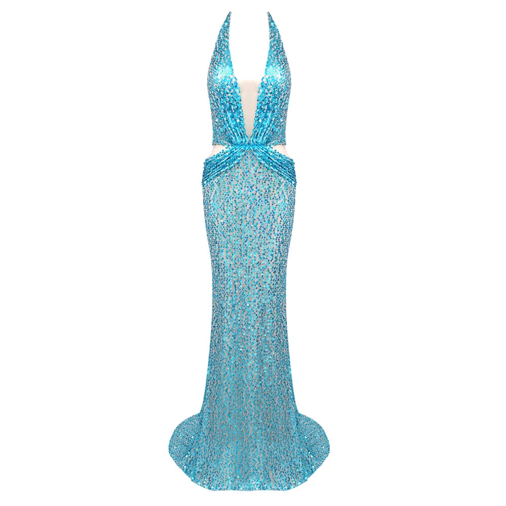 Blue Long Mermaid Party Dress Sequins Beaded Deep V Neck Plunge Halter Cut out Bodycon Cocktail Party Evening Gowns Cyan