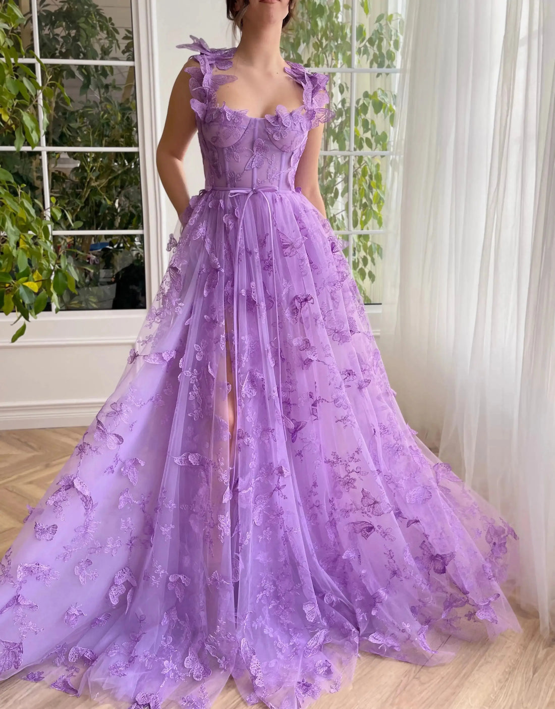 Lilac Lace Prom Dresses Butterfly Spaghetti Straps Sweetheart A Line with Pocket Belt Hi-lo Corset Zipper Back Evening Gown lilac