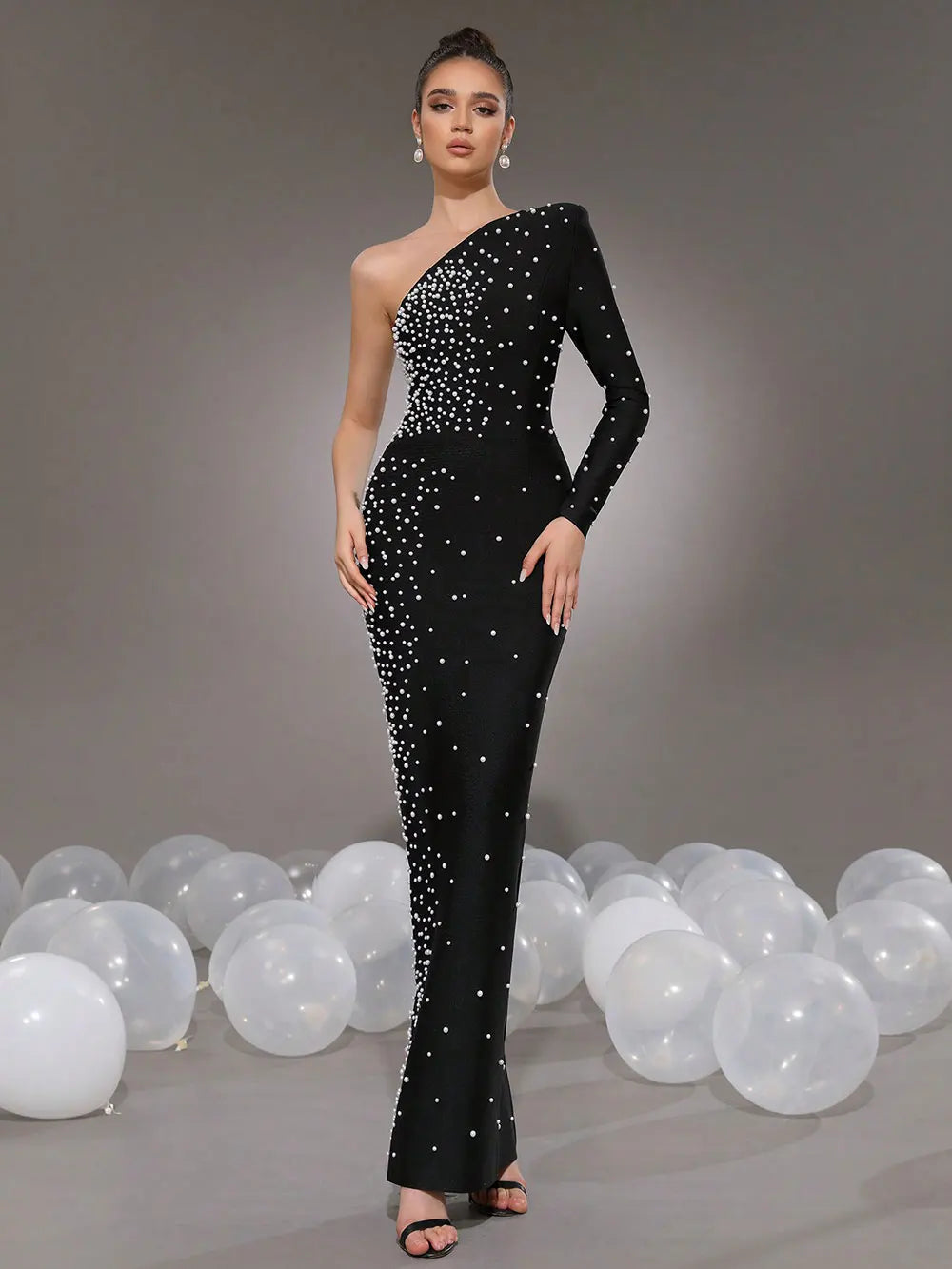 Elegant Women Light Luxury Nail Bead Bandage Dress with Slant Neck Single Shoulder Sleeve Bodycon Black Long Dress Vestidos black