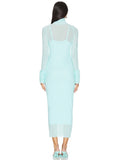 Sexy Turtleneck Ruffle-Cuff Mesh Tight Long Dress Women Long Sleeves Ruffles Bodycon Midi Dresses Evening Party Cocktail Club