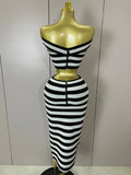 Sexy Off Shoulder Striped Button Two Piece Mini Bandage Set Women Celebrity Designer Evening Party Luxury Birthday Outfit