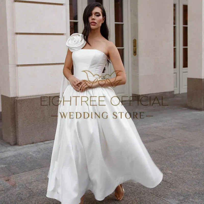 White Short Wedding Dresses One Shoulder Tea Length Flower Bridal Dress Formal Evening Wedding Prom Gowns Customized