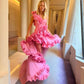 Pretty Pink Ruffles Prom Dresses Asymmetrical One Shoulder High Low Formal Occasion Dress vestidos para mujer elegantes y bonito