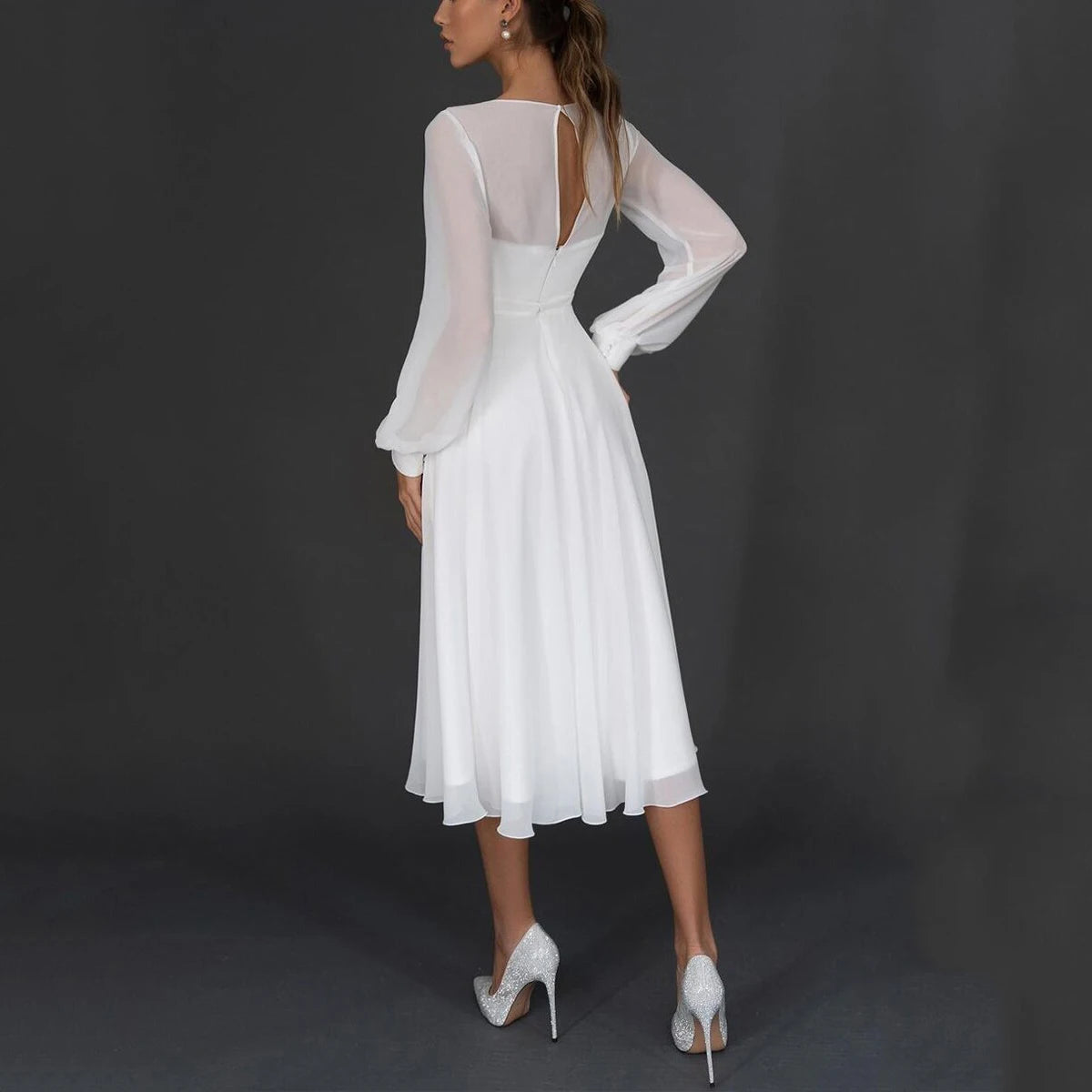 Elegante vestido de novia blanco de gasa de manga larga con cuello en V sexi para boda de verano para mujer vestidos de fiesta largos formales para invitados de noche