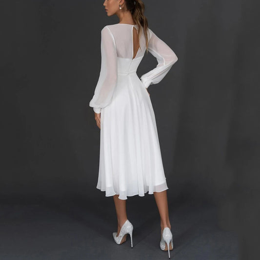 Elegant Sexy V Neck Long Sleeve Chiffon White Bride Dress Wedding Summer Women Evening Guest Formal Long Party Dresses