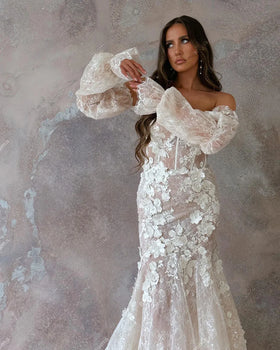 Mermaid Wedding Dresses Sweetheart Appliques Puff Sleeves Long Bridals Party Dresses for Women Sweep Train Brides Gowns