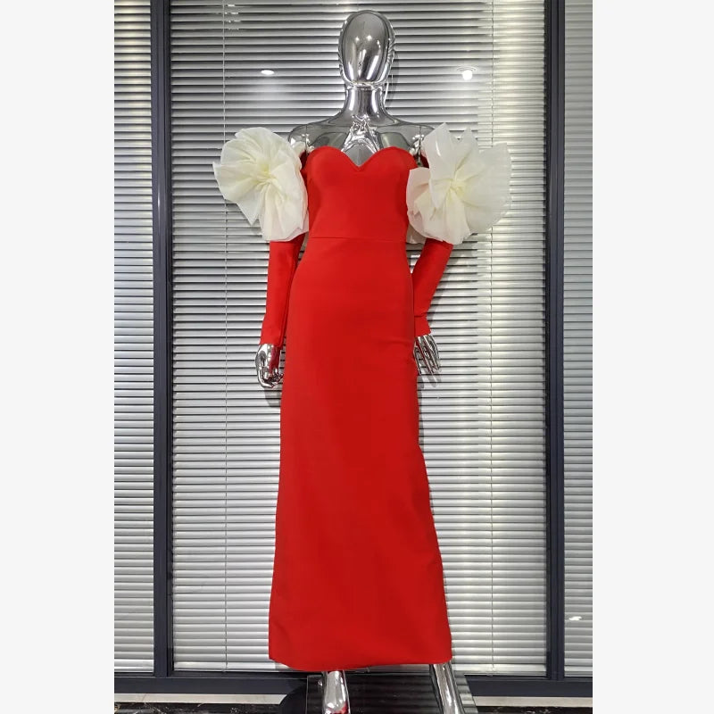 Stereoscopic Flower Sexy Off The Shoulder Ankle Lenght Bandage Dress Woman Birthday Party Vestido Celebrity Party Outfit