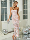 Floral Embroidery Sequins Long Dress Strapless Mesh Patchwork Backless Slim Cocktail Evening Party Gowns