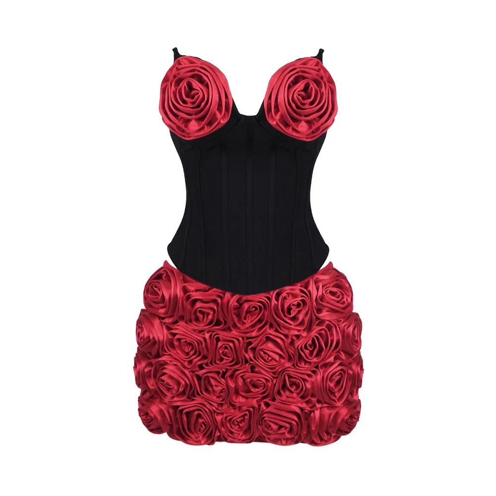 Stereoscopic Red Flower Woman Set Strapless Top And Mini Dress 2 pieces Fashion Woman Evening Party Dress Birthday Party Outfit