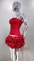 Red color Back Lacing Body shaping Strapless Top And Stereoscopic Flowers Mini Skirt 2 pieces Woman Birthday Party Dress