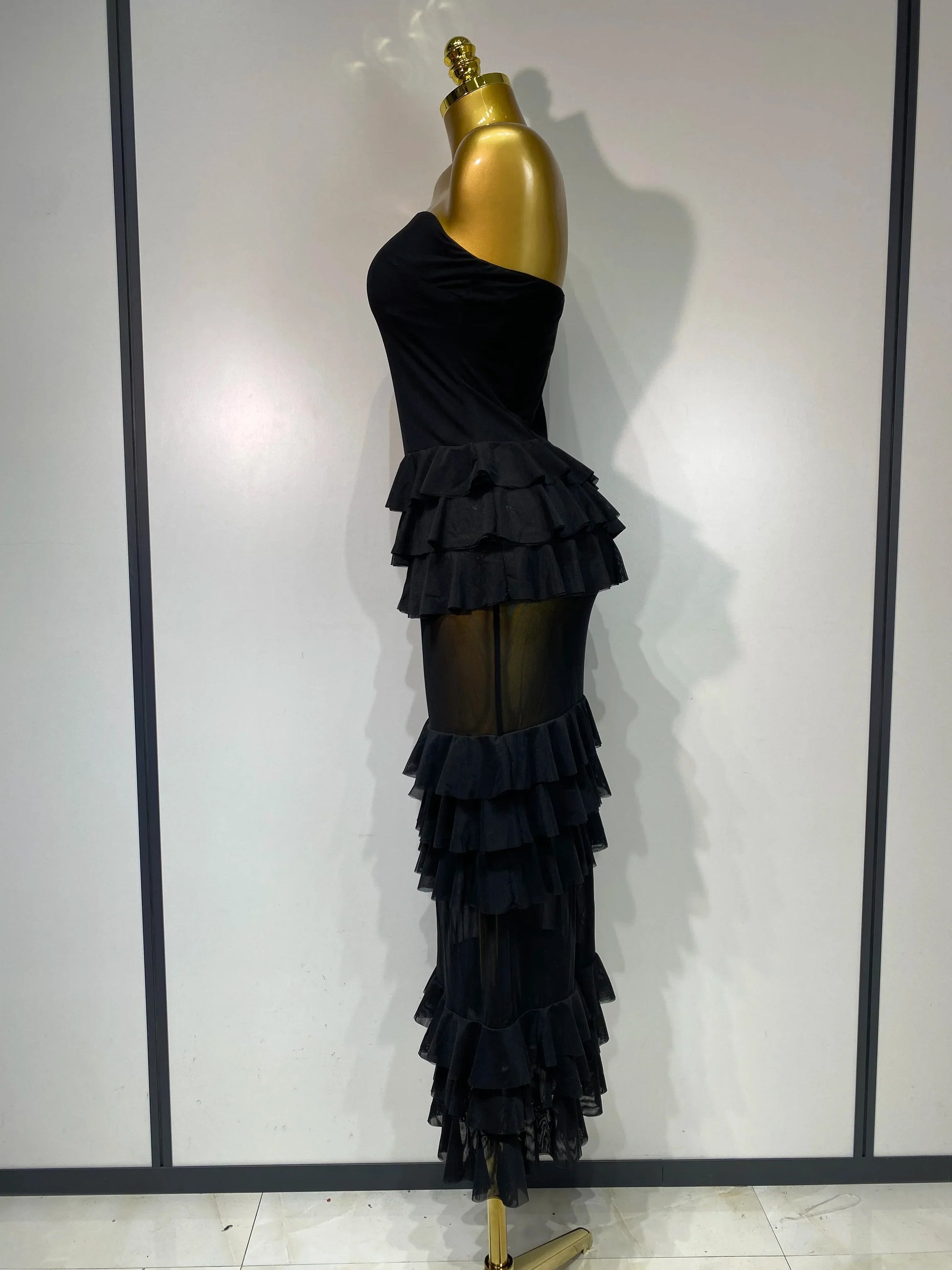 Women Sexy Strapless Ruffles Long Dress Black Backless Mesh See Through Design Dresses Evening Party Cocktail Birthday Dress