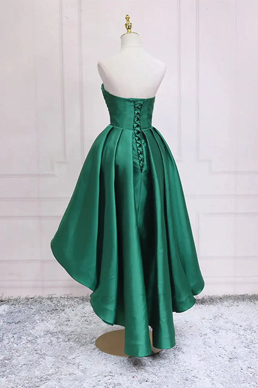 Green Short Front Long Back Prom Dresses Satin Strapless Sweetheart A Line Pleats Formal Party Evening Gowns Simple Evening Gown