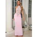 Summer Sequin Flowers Embroidery Halter Sleeveless Sheath Pink Ankle Length Dress Woman Evening Dress Celebrity Party Outfit
