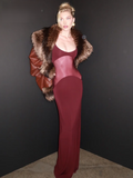 Burgendy See Through Mesh Patchwork Long Dress Summer Backless Skinny Tight Maxi Bodycon Cocktail Party Wear Vestidos