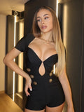 Summer New Women's Black Structured Romper Cut Out Short Sleeves Gold Button Details Bandage Bodycon Short Jumpsuit