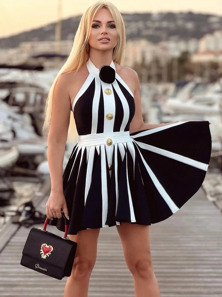New Summer Women's Black and White Stripe Button 3D Rose Halter Backless Pleated Sexy Sleeveless Knitted Mini Dress
