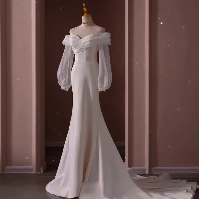 Luxury White Satin Off Shoulder Long Sleeve Wedding Mermaid Trailing Dresses for Bride Women Elegant Long Party vestido White 50cm | cn